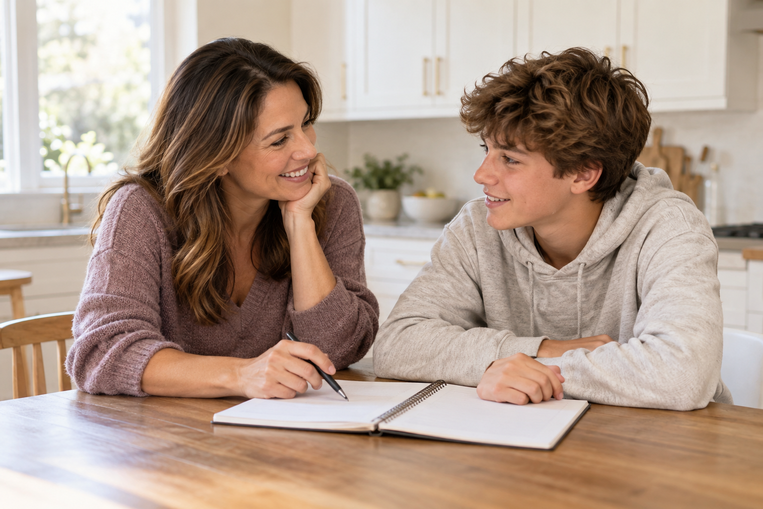 A mother and her teenage son sharing a conversation over a notebook at the kitchen table